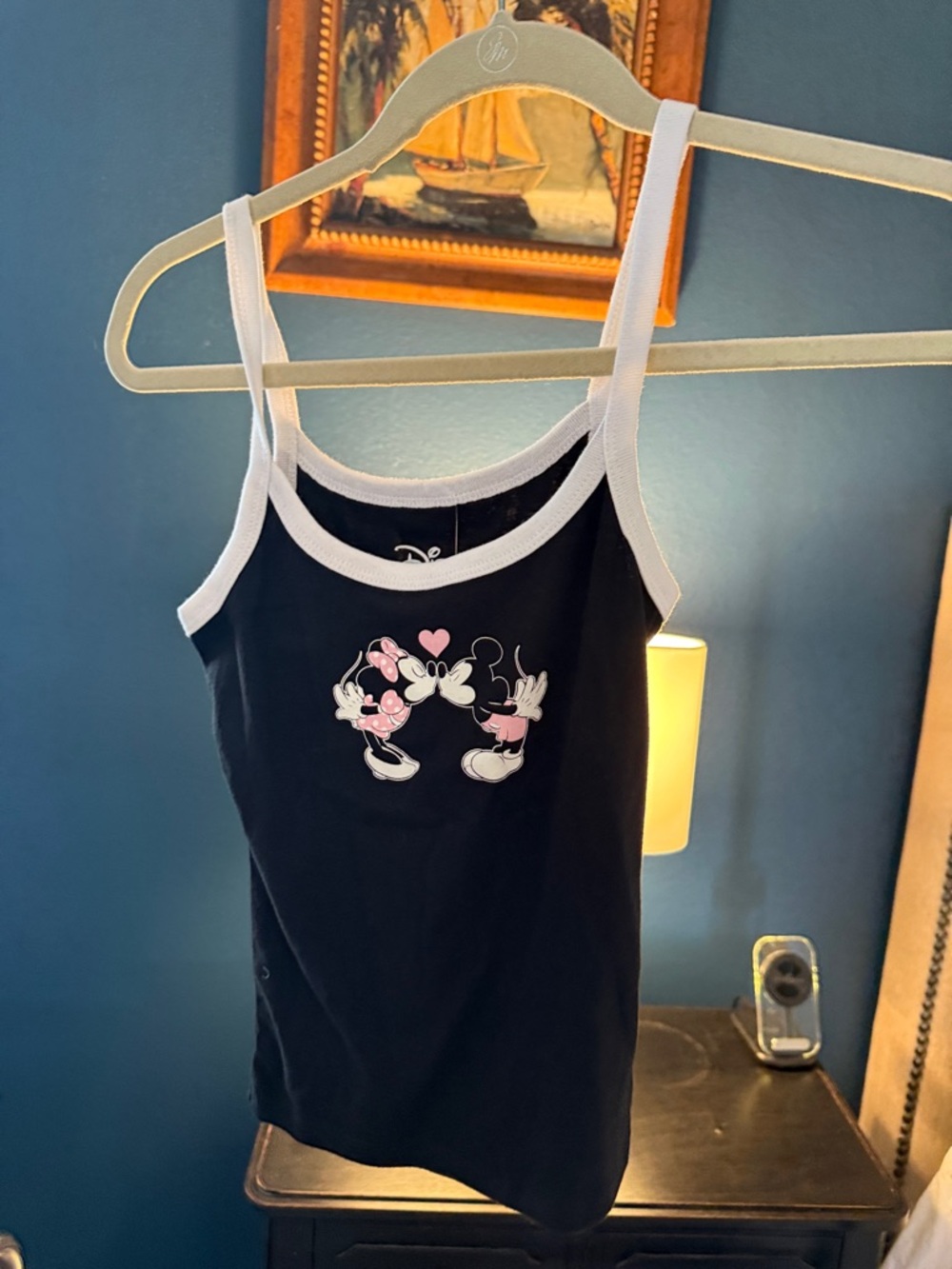 Disney Black Tank Top with White Trim and Pink Heart Accents